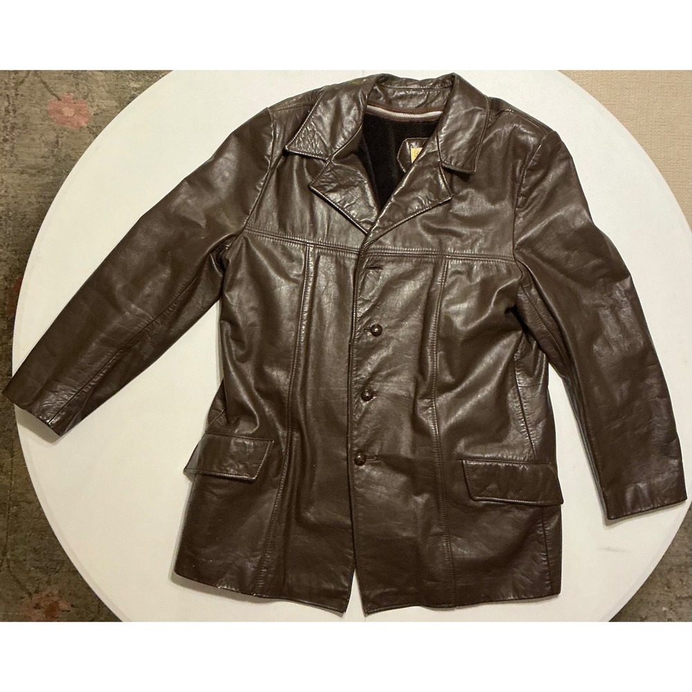 VTG 70s Luxury‎ Leather Car Coat Mens 44L Brown Faux Fur Lined Jacket Brazil